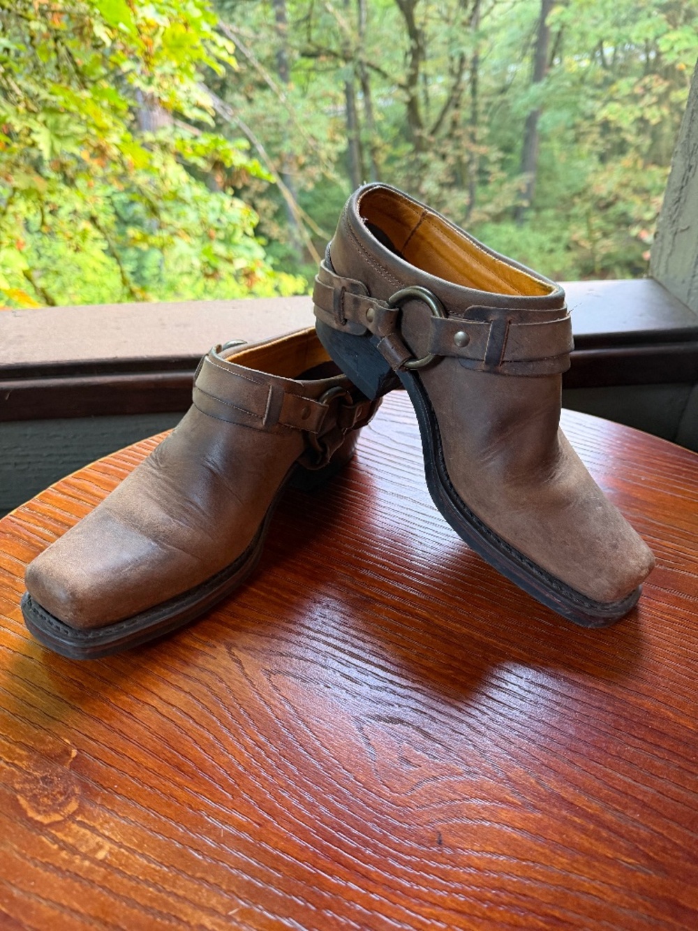 Frye Belted Harness Mule Boots – Brown/Tan Leather – Size 8.5 – EUC